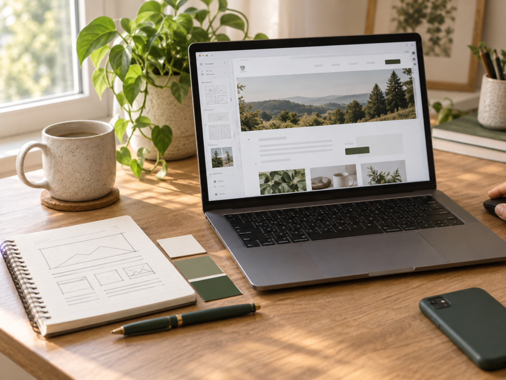 Website design and digital support workspace with a laptop, page plans and brand colours.