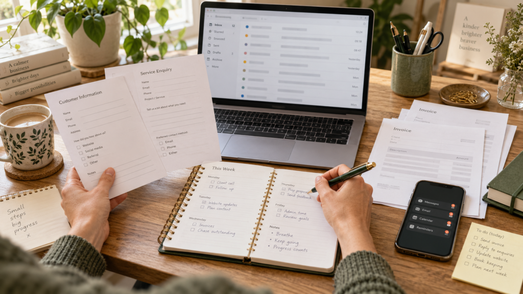 Small business owner managing emails, customer forms, invoices and weekly administrative tasks.