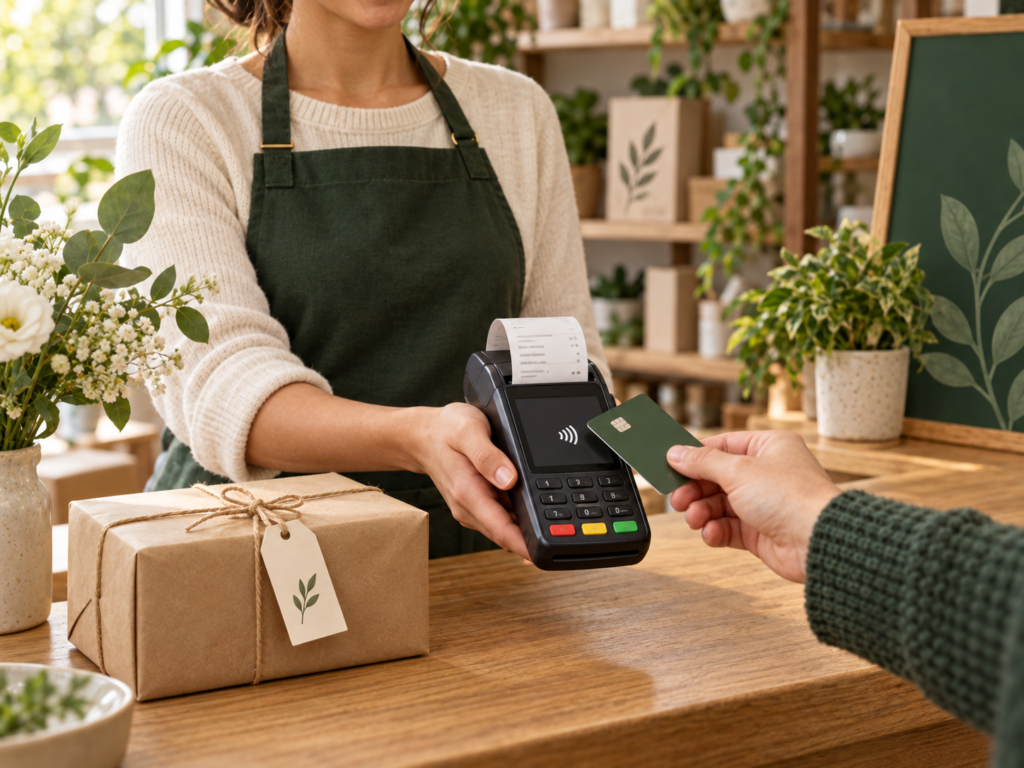 Customer making a card payment at an independent small-business counter.