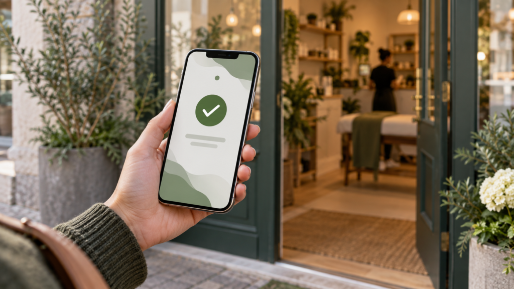 Customer receiving an online booking confirmation outside a small business