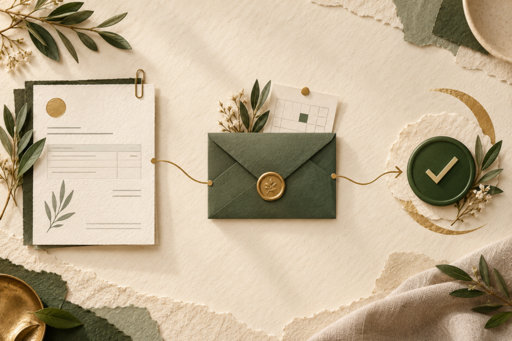 Small-business owner arranging a clear three-step payment follow-up process.